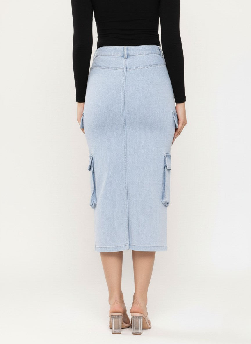 Denim Front Slit Cargo Pencil Midi Skirt