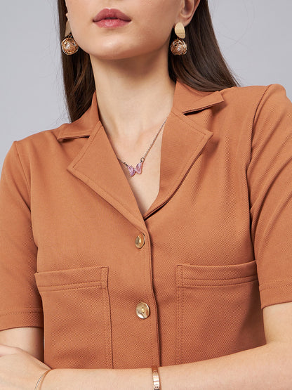 Brown Notched Lapel Collar Crop Top With Trouser