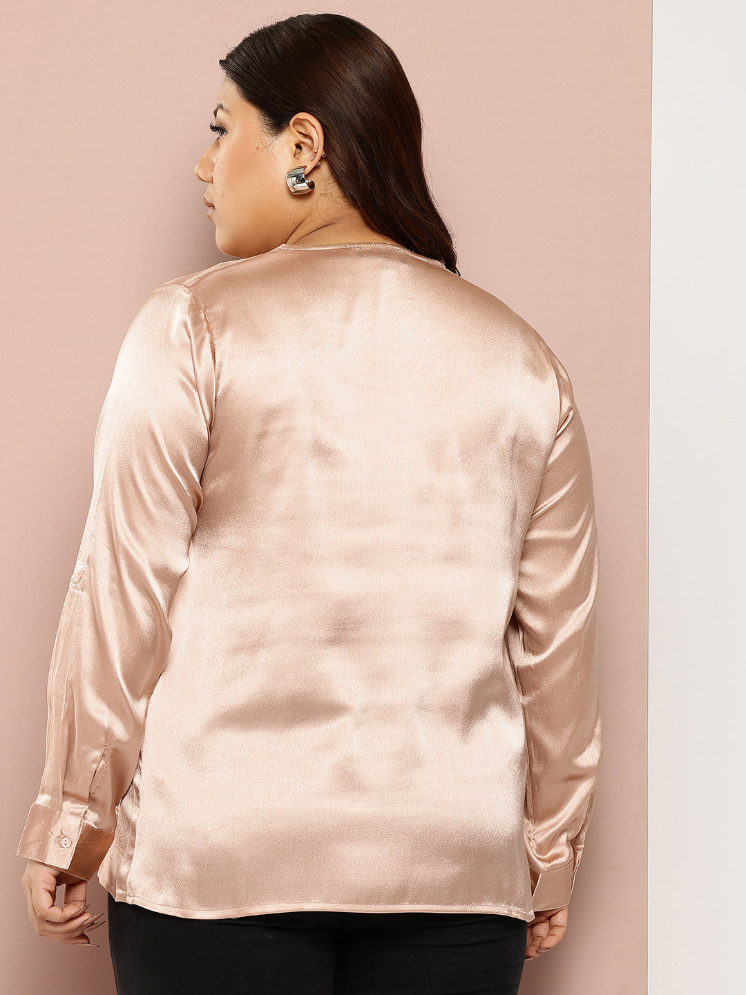 Plus Size Roll-Up Sleeves Satin Casual Shirt