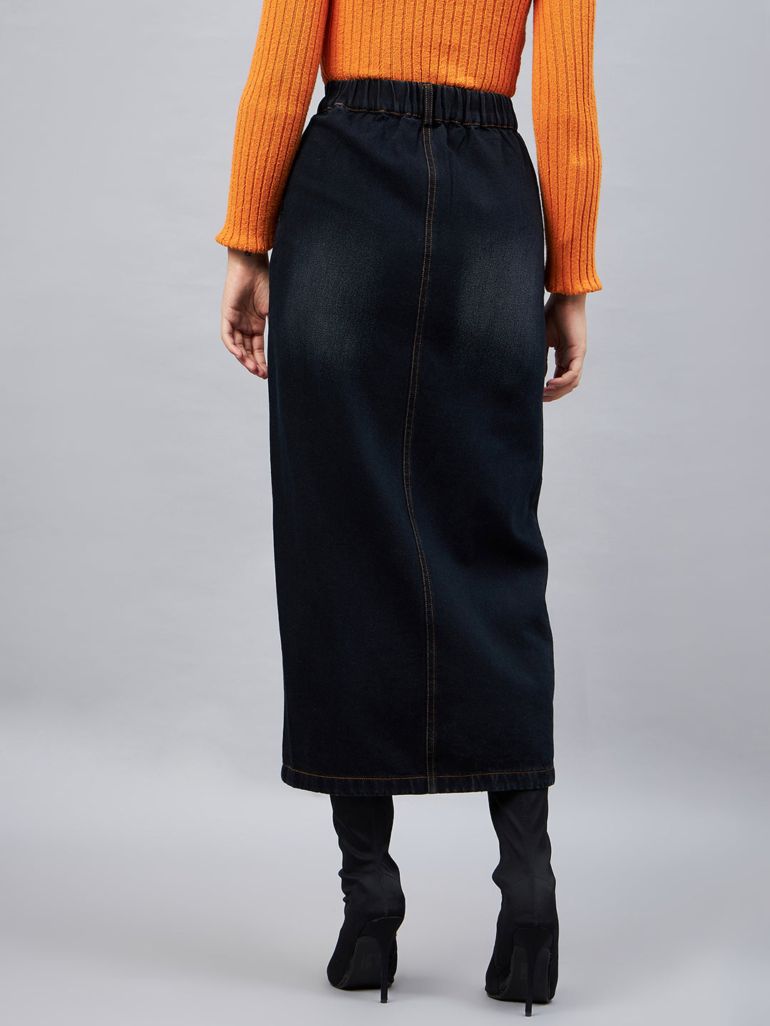 Black Front Slit Denim Straight Skirt