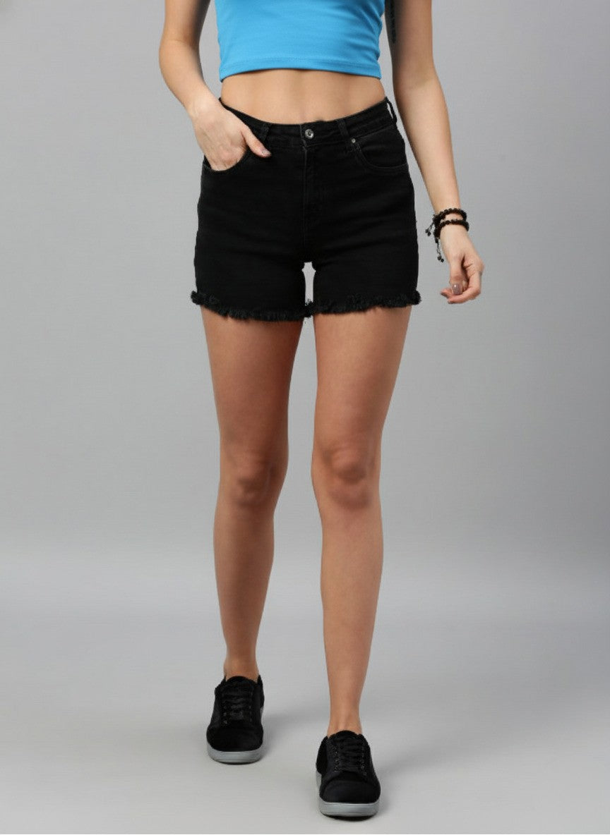 Black Washed Regular Fit Frayed Hem Denim Shorts