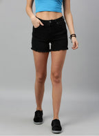Black Washed Regular Fit Frayed Hem Denim Shorts
