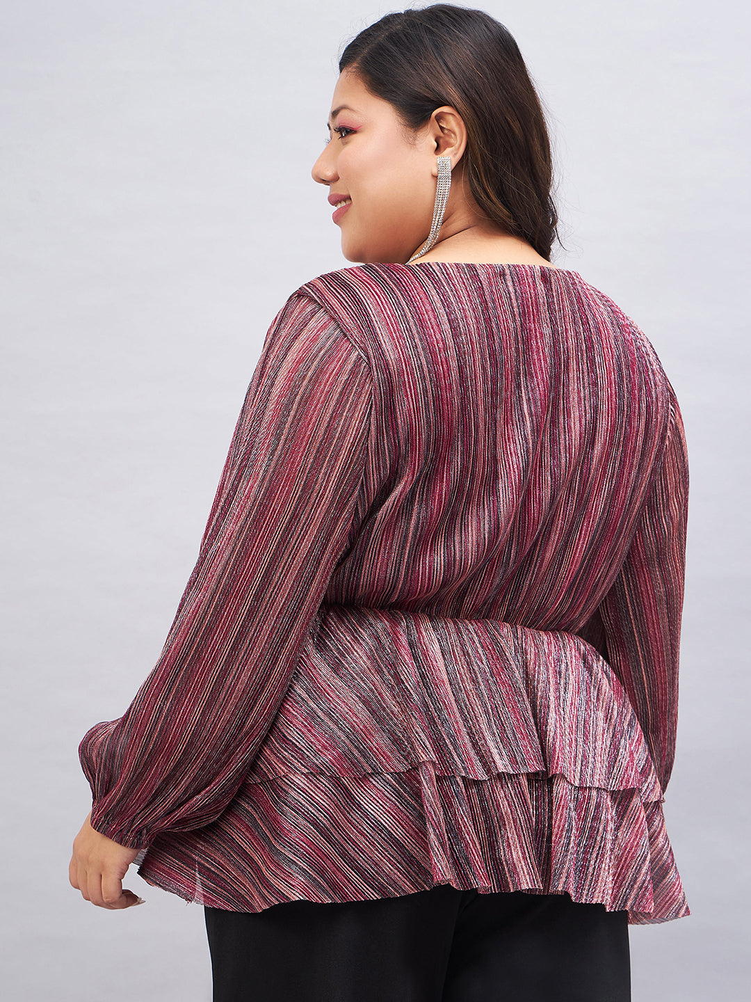Plus Size Striped Puff Sleeve Layered Top