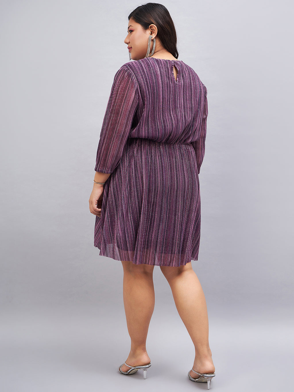 Purple Embellished Puff sleeves Fit And Flare Dress