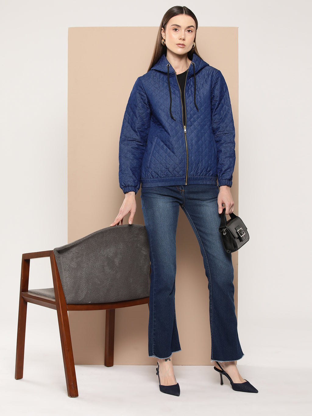 Women Solid Quilted Blue Jacket