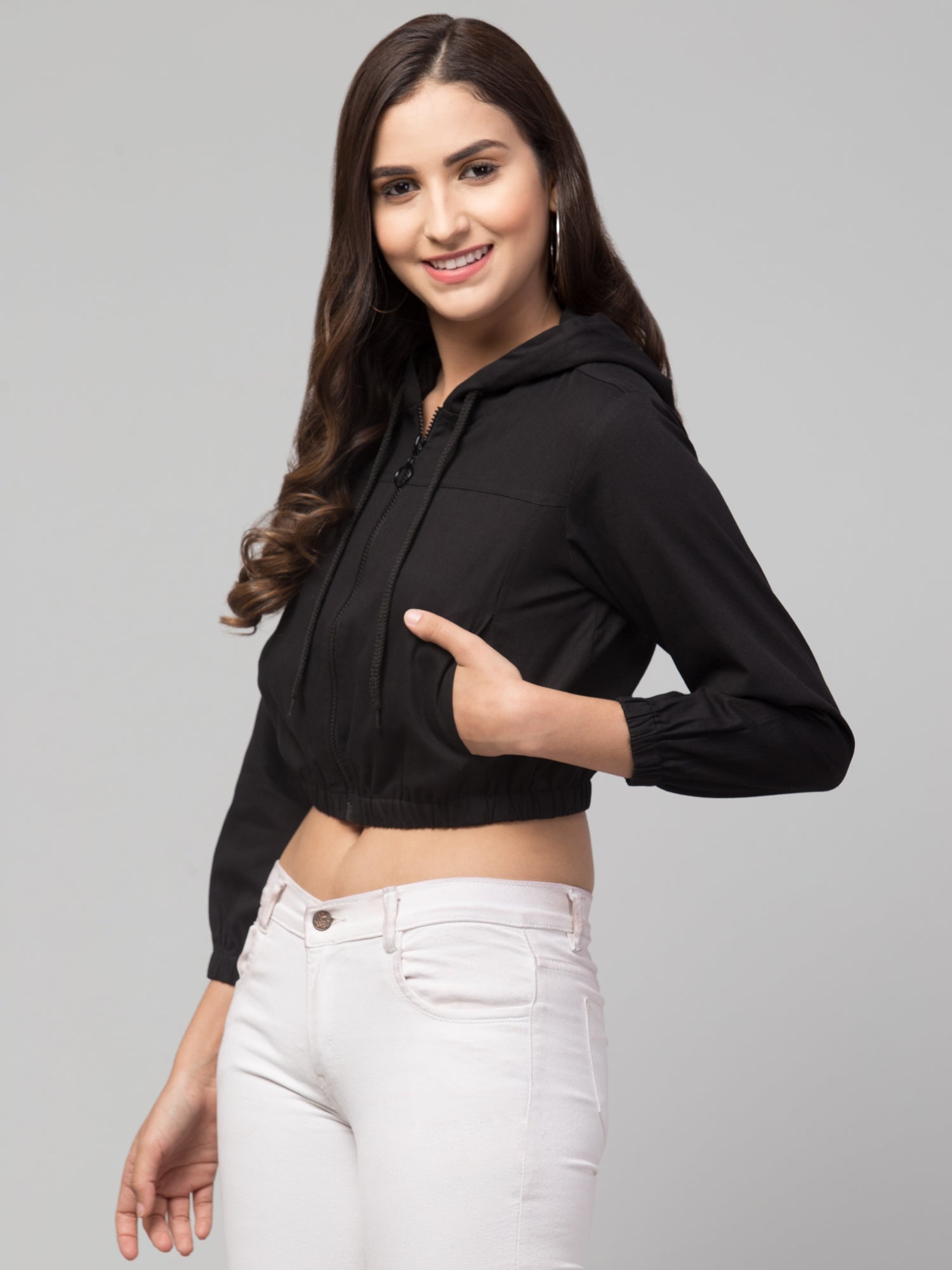 Hooded Cropped Open Front Jacket