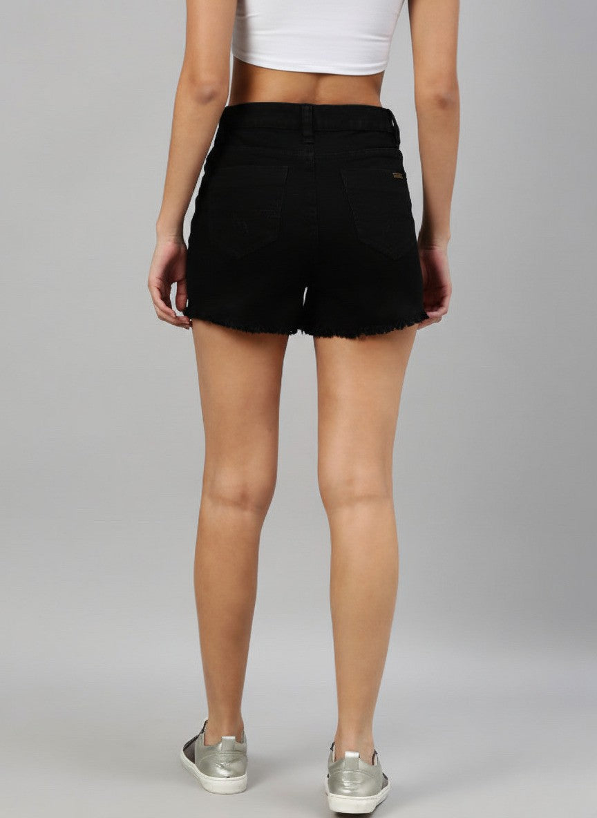 Black Solid Regular Fit Denim Shorts