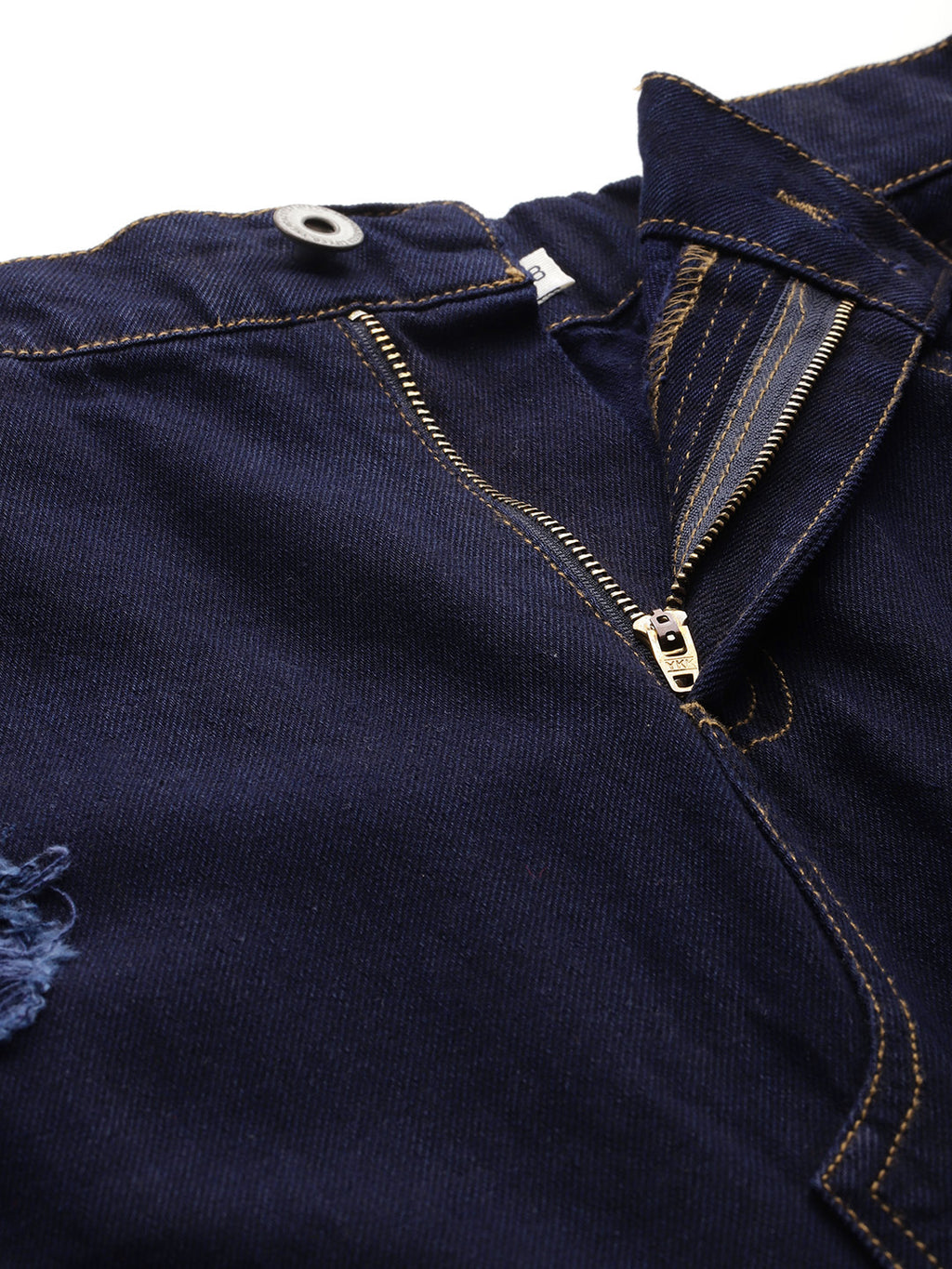 Distressed Pure Cotton Denim Straight Midi Skirt with Front Slit