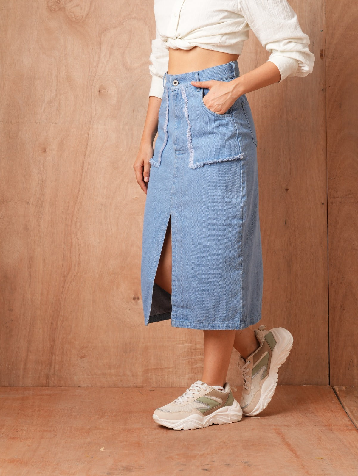 Blue Faded A-Line Midi Skirt