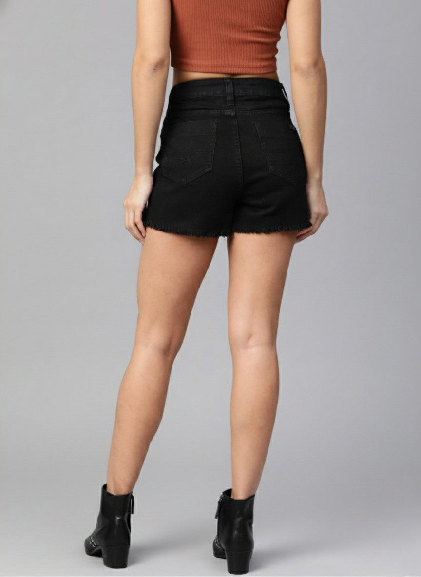 Black Solid Regular Fit Denim Shorts