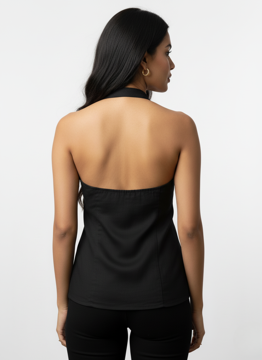 Women’s Black Halter Blouse with Front Tie Keyhole Design
