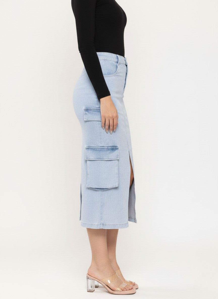 Denim Front Slit Cargo Pencil Midi Skirt