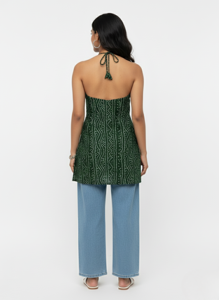 Green Bandhani Print Halter Neck Kurti