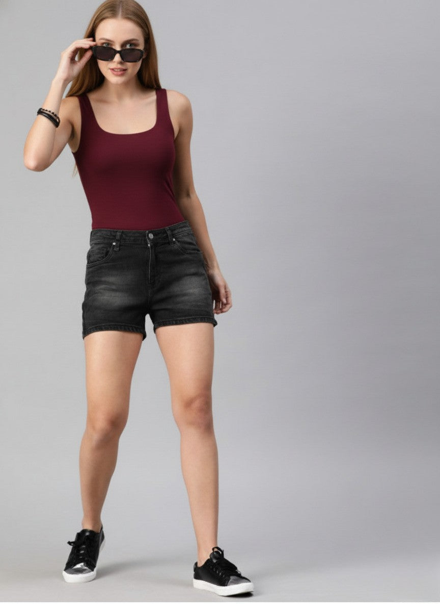 Women Black Washed Regular Fit Denim Shorts