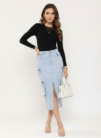 Denim Front Slit Cargo Pencil Midi Skirt