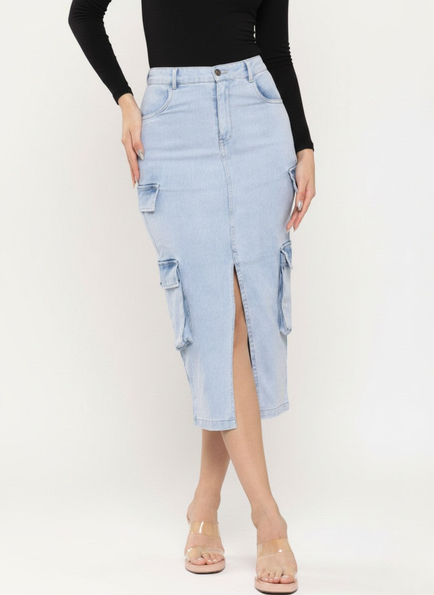 Denim Front Slit Cargo Pencil Midi Skirt
