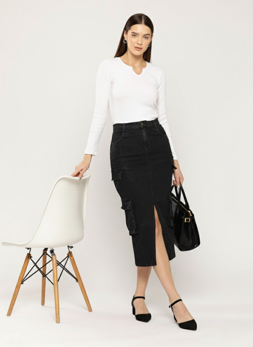 Denim Front Slit Cargo Pencil Midi Skirt