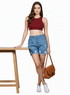 Regular Washed Fit High-Rise Distressed Denim Shorts