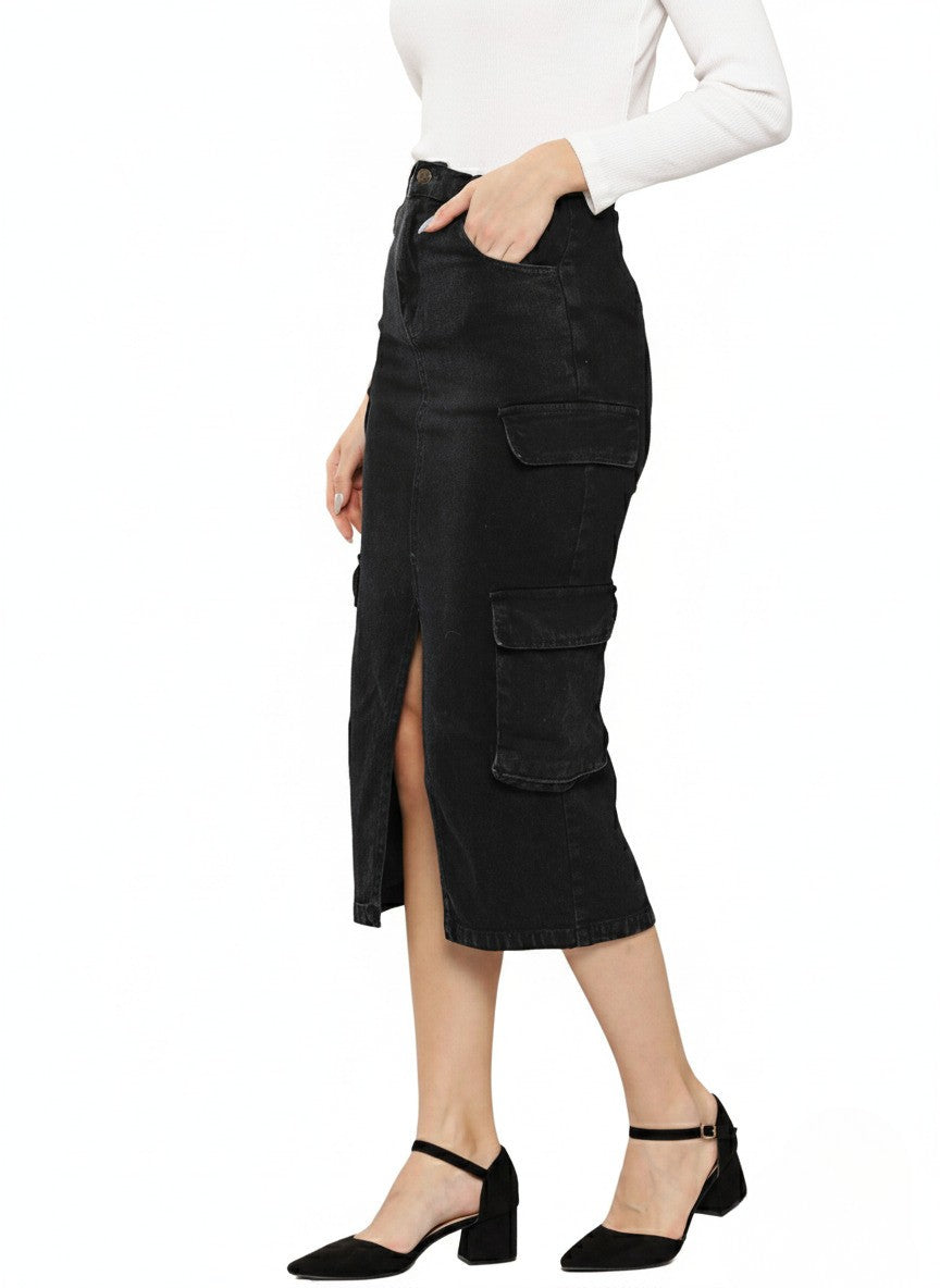 Denim Front Slit Cargo Pencil Midi Skirt