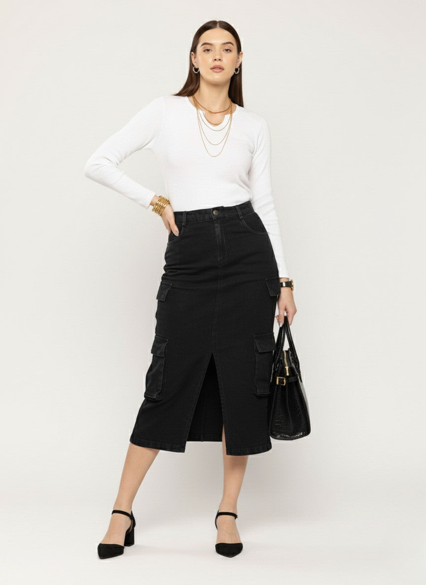 Denim Front Slit Cargo Pencil Midi Skirt
