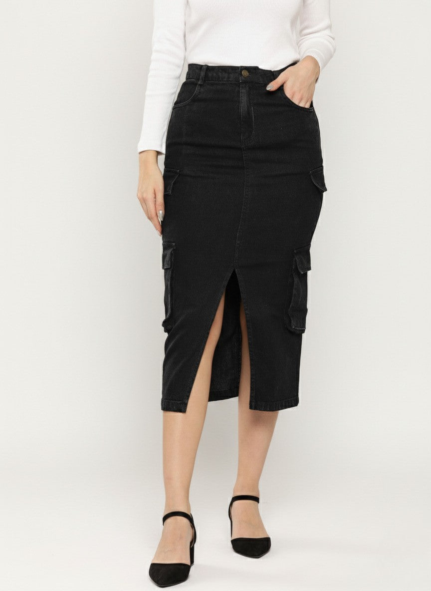 Denim Front Slit Cargo Pencil Midi Skirt