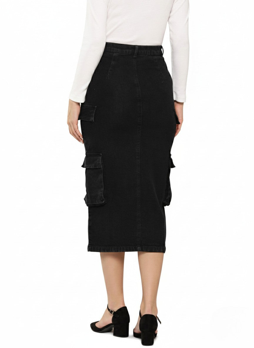 Denim Front Slit Cargo Pencil Midi Skirt