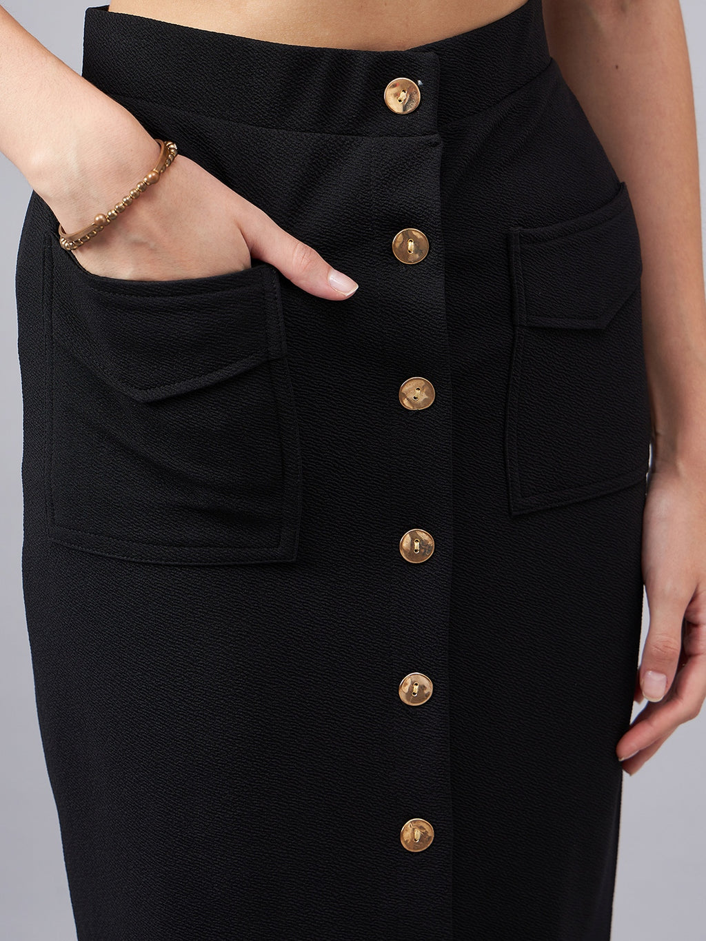 Black Crop Top With With Button Detail Skirt