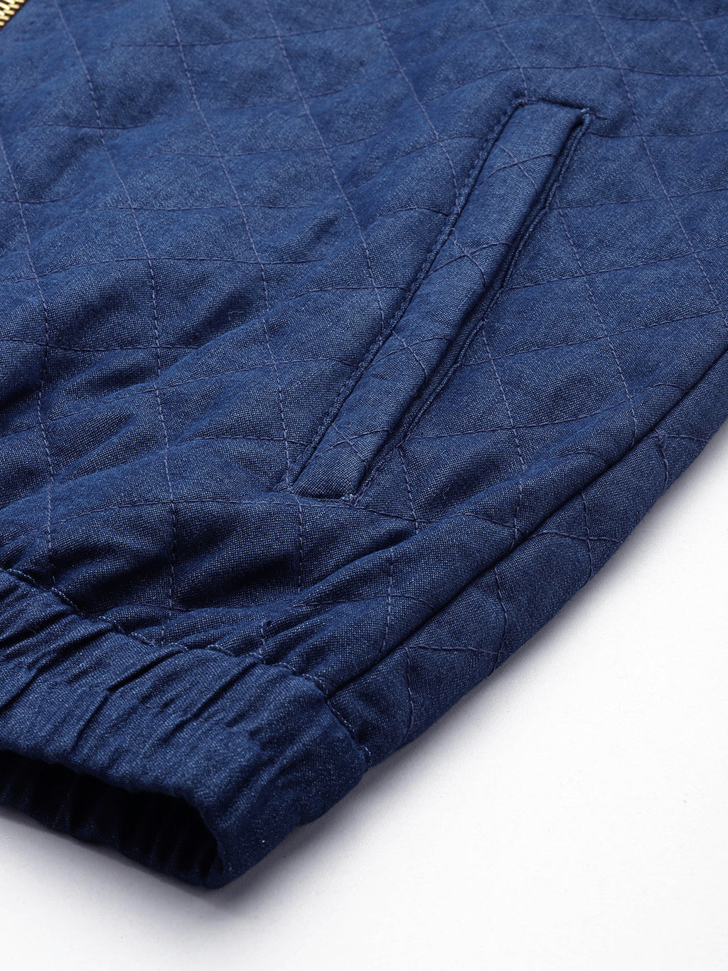 Women Solid Quilted Blue Jacket