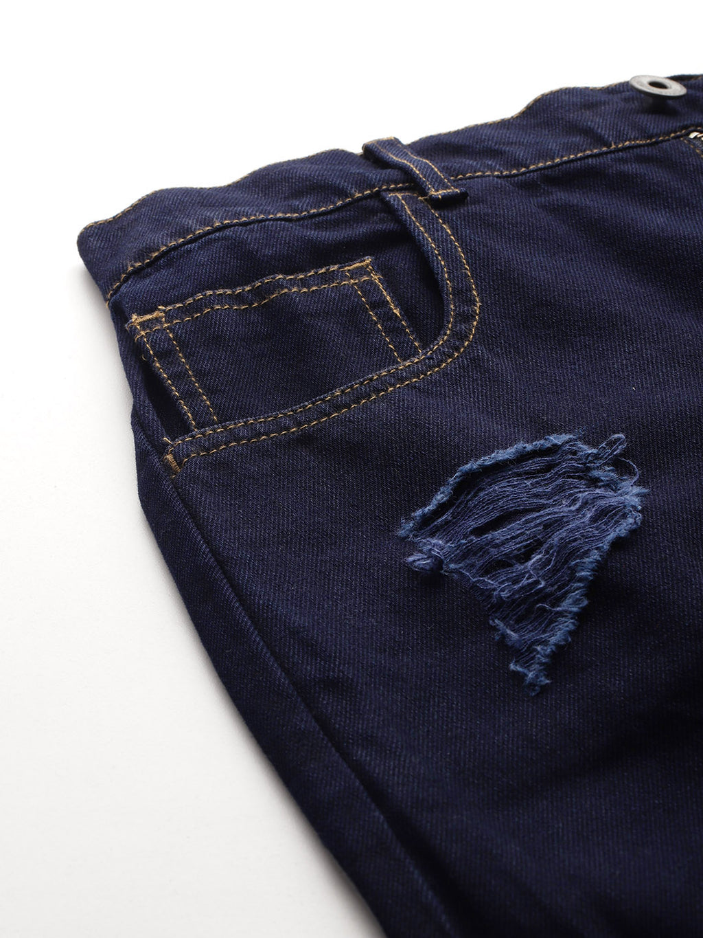 Distressed Pure Cotton Denim Straight Midi Skirt with Front Slit