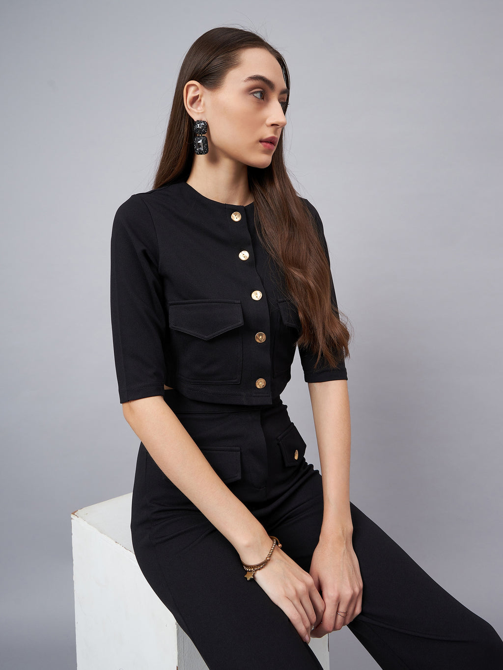 Black Round Neck Crop Top With Trouser