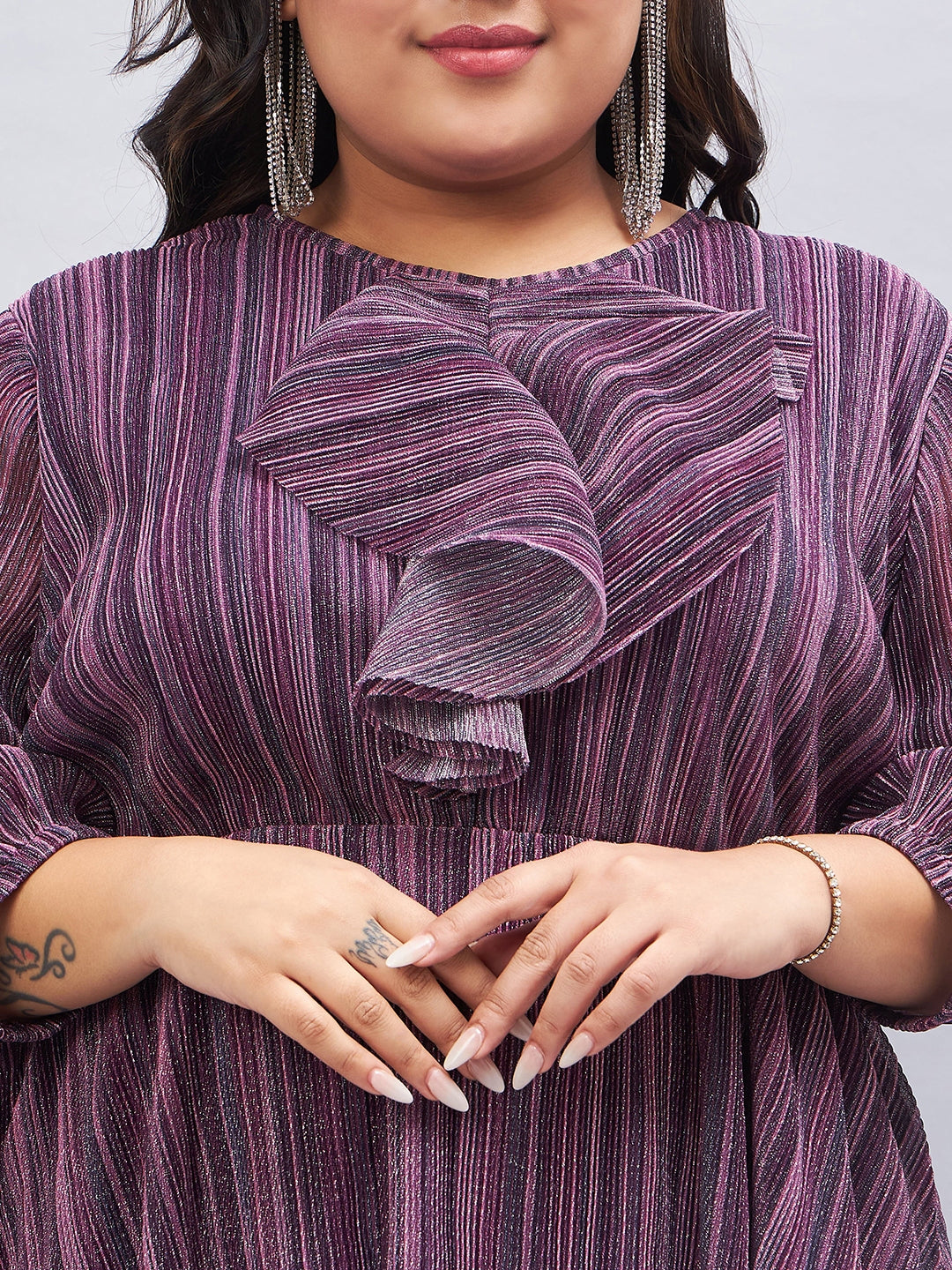 Purple Embellished Puff sleeves Fit And Flare Dress