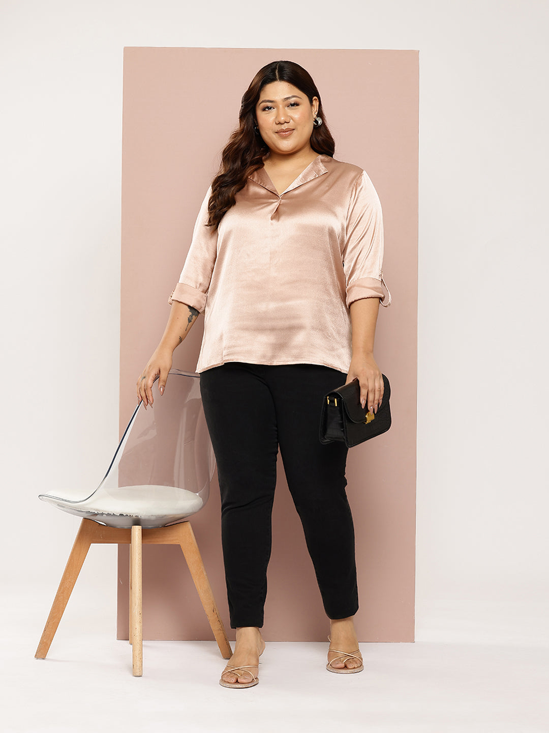Plus Size Roll-Up Sleeves Satin Casual Shirt