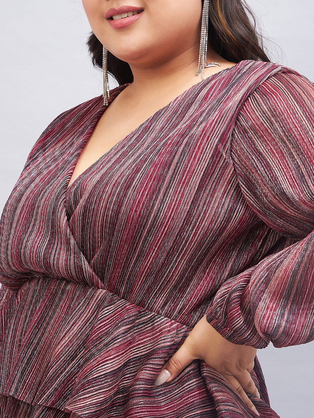 Plus Size Striped Puff Sleeve Layered Top