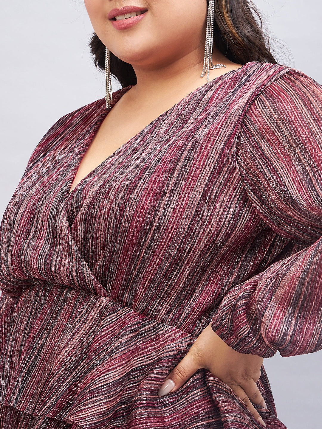 Plus Size Striped Puff Sleeve Layered Top