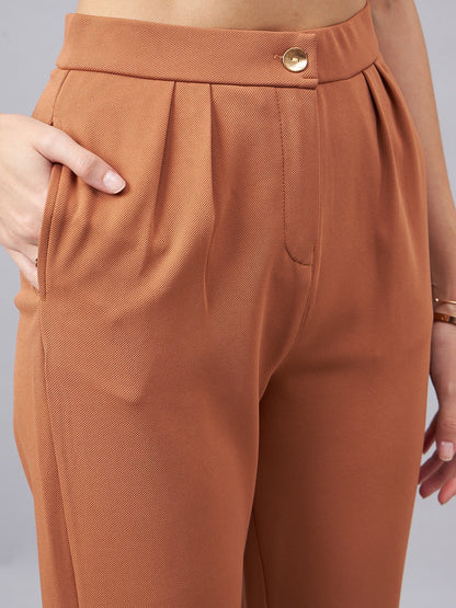 Brown Notched Lapel Collar Crop Top With Trouser