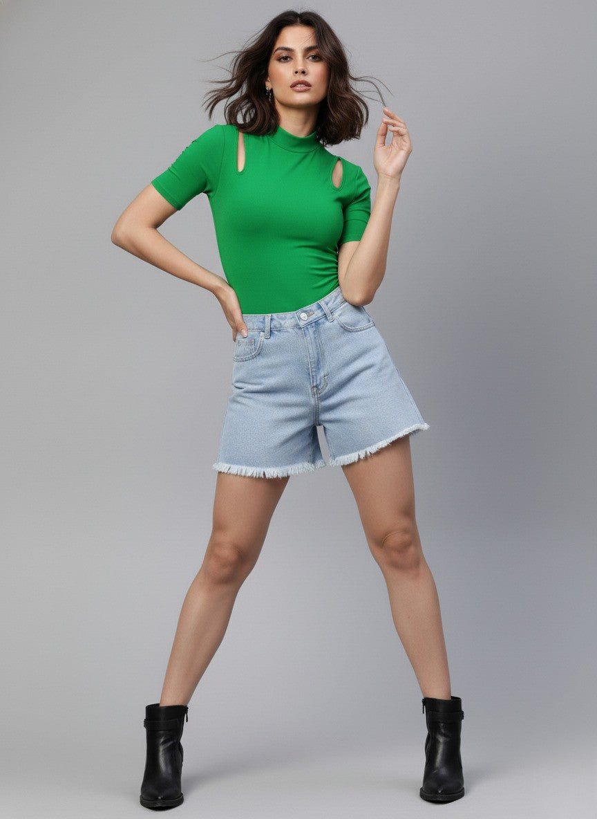 Women Blue Solid High-Rise Regular Shorts