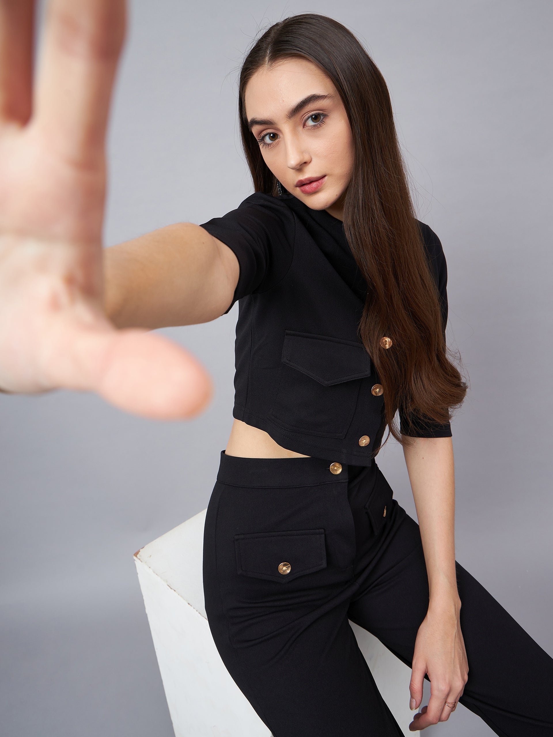 Black Round Neck Crop Top With Trouser