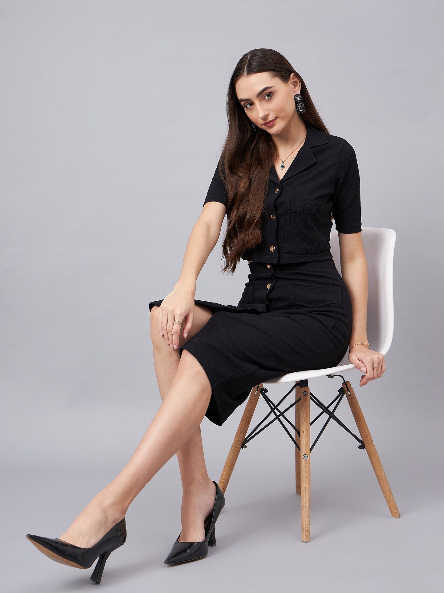 Black Crop Top With With Button Detail Skirt