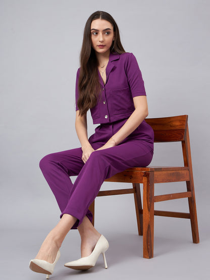PURPLE Notched Lapel Collar Crop Top With Trouser