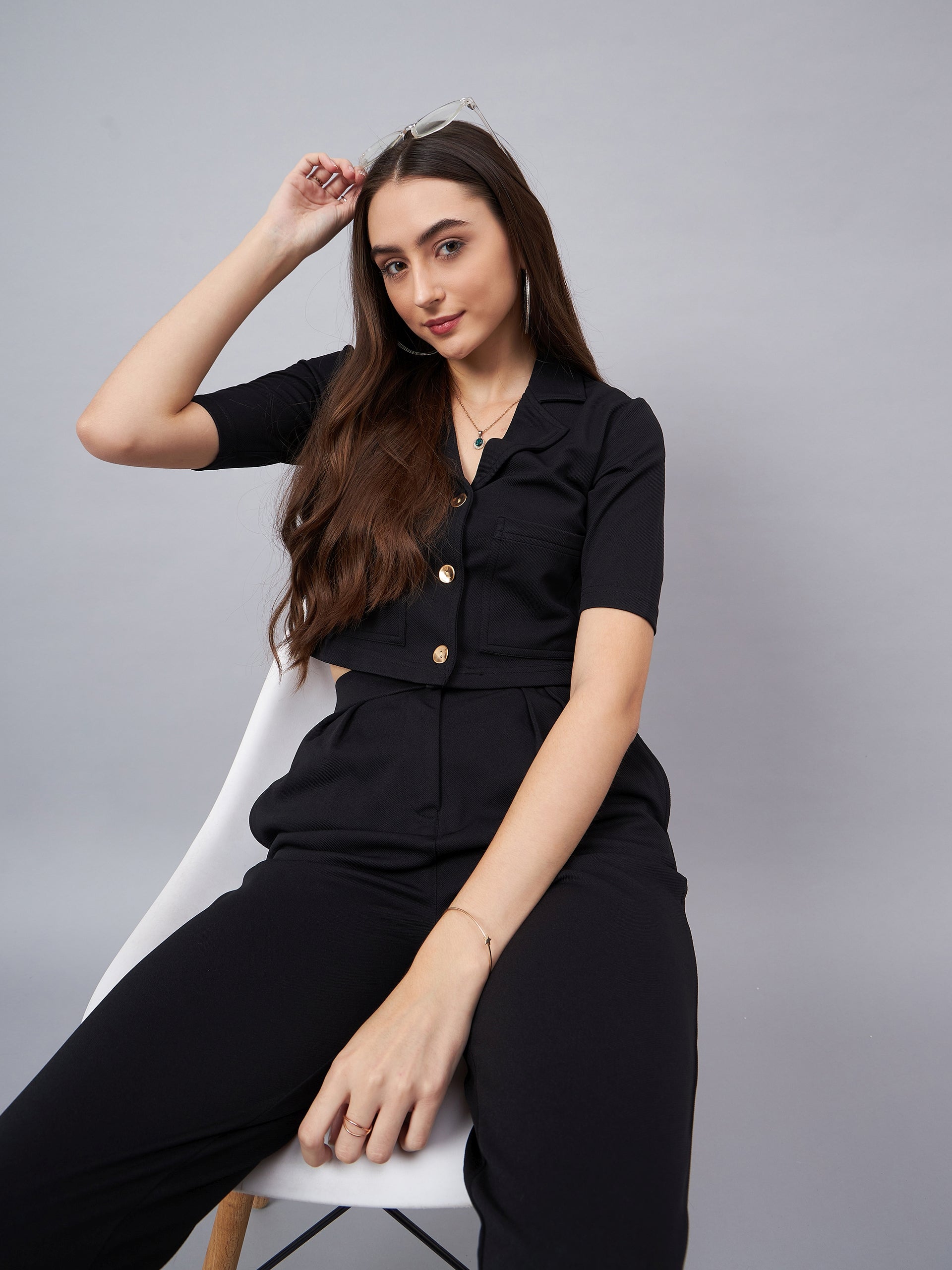 Black Notched Lapel Collar Crop Top With Trouser