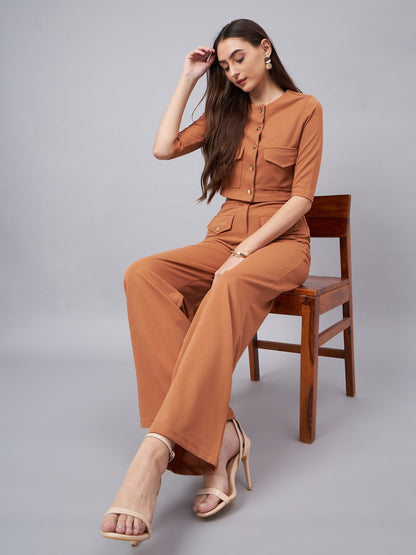 Brown Round Neck Crop Top With Trouser
