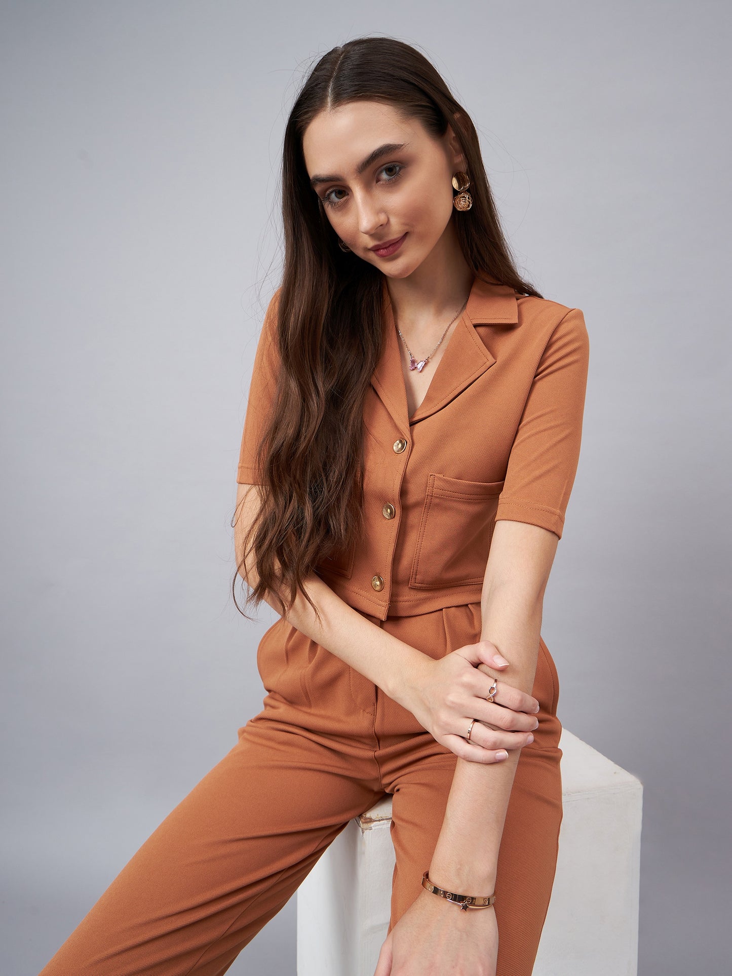 Brown Notched Lapel Collar Crop Top With Trouser