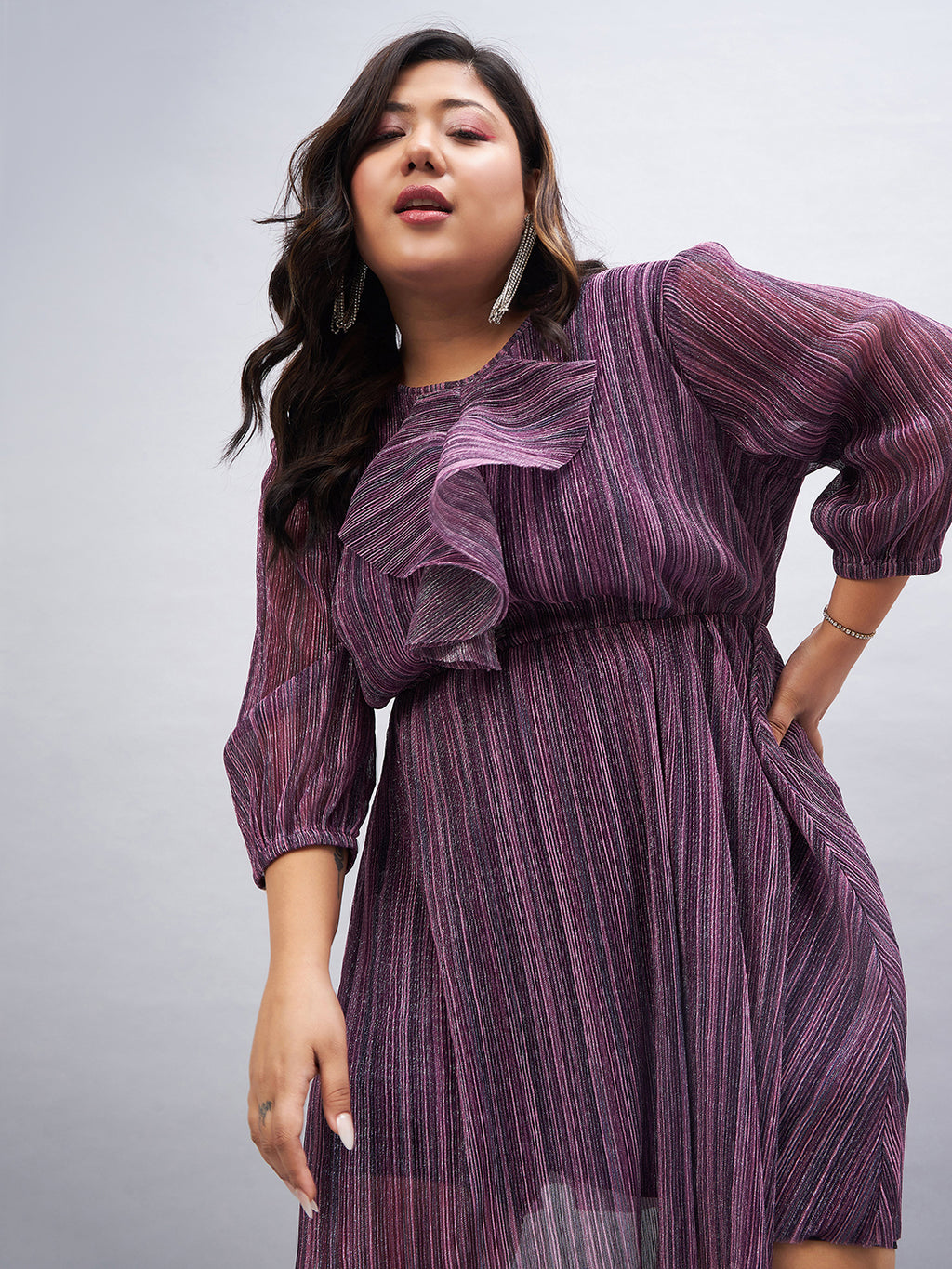 Purple Embellished Puff sleeves Fit And Flare Dress