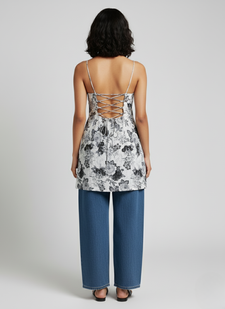 Backless Lace Up Spaghetti Strap Kurti.