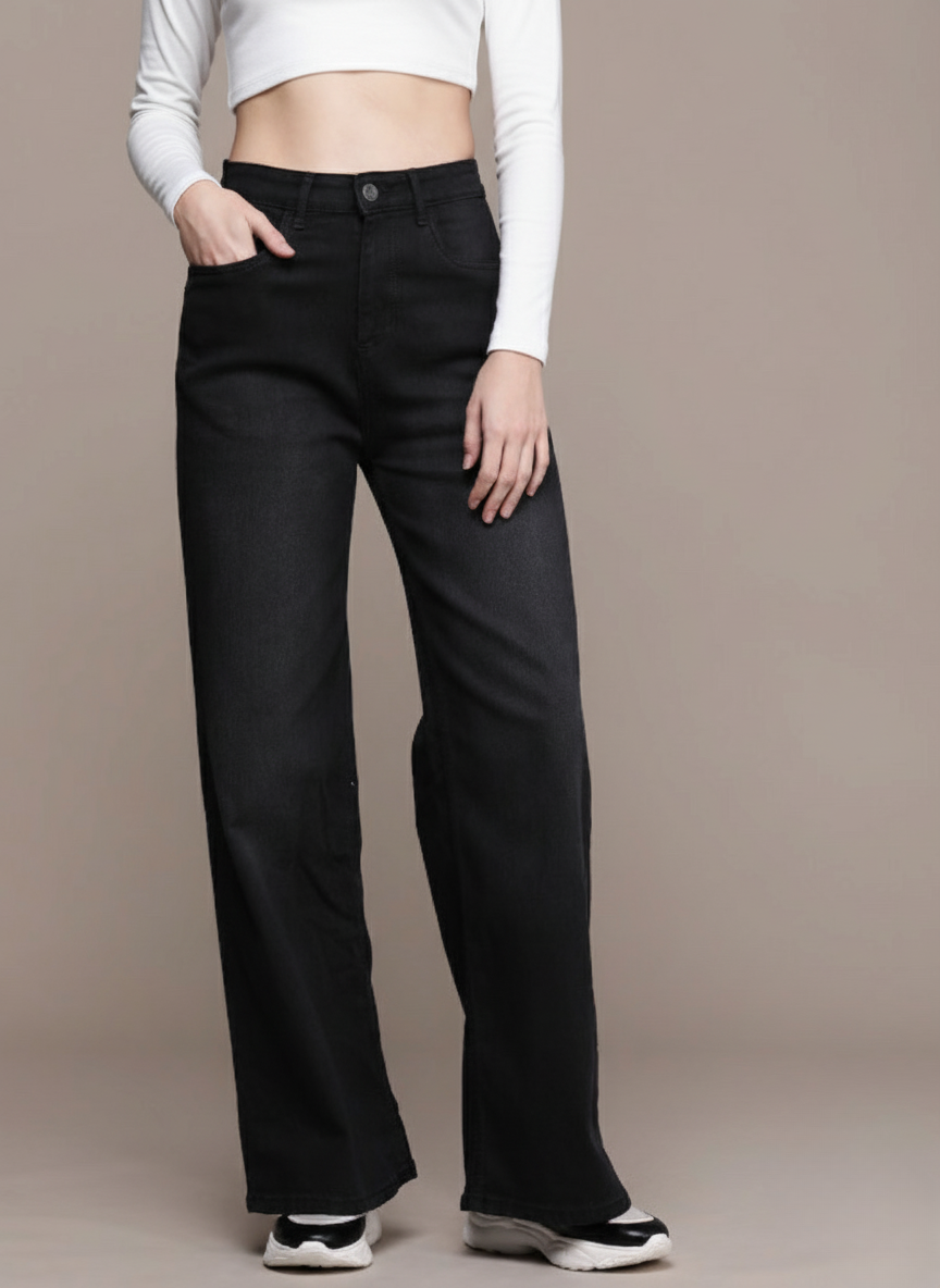 Women Black Wide Leg High Rise Stretchable Jeans