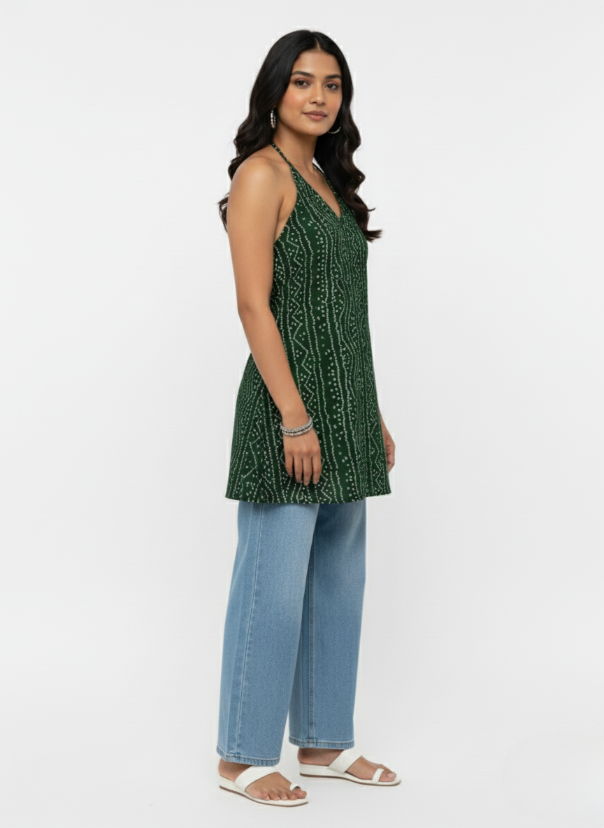 Green Bandhani Print Halter Neck Kurti
