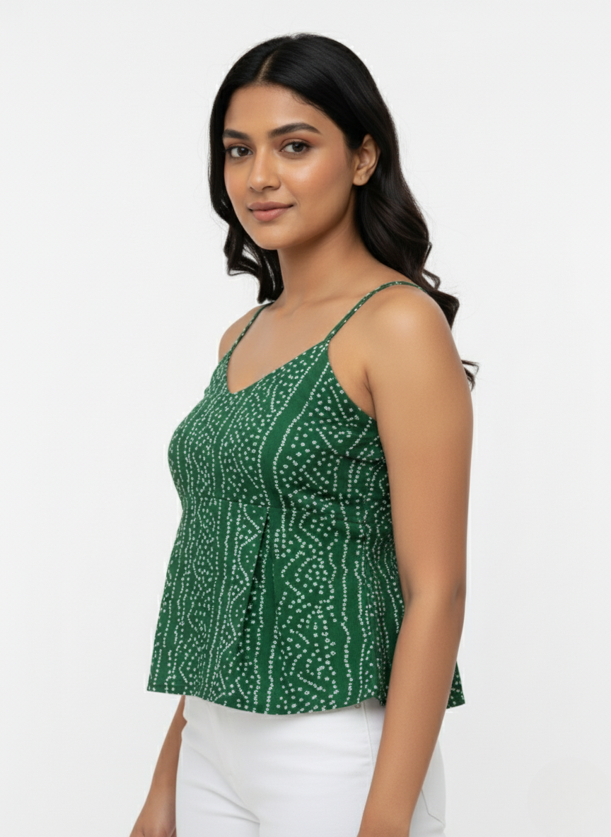 Green printed peplum tunic top.