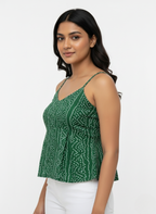 Green printed peplum tunic top.