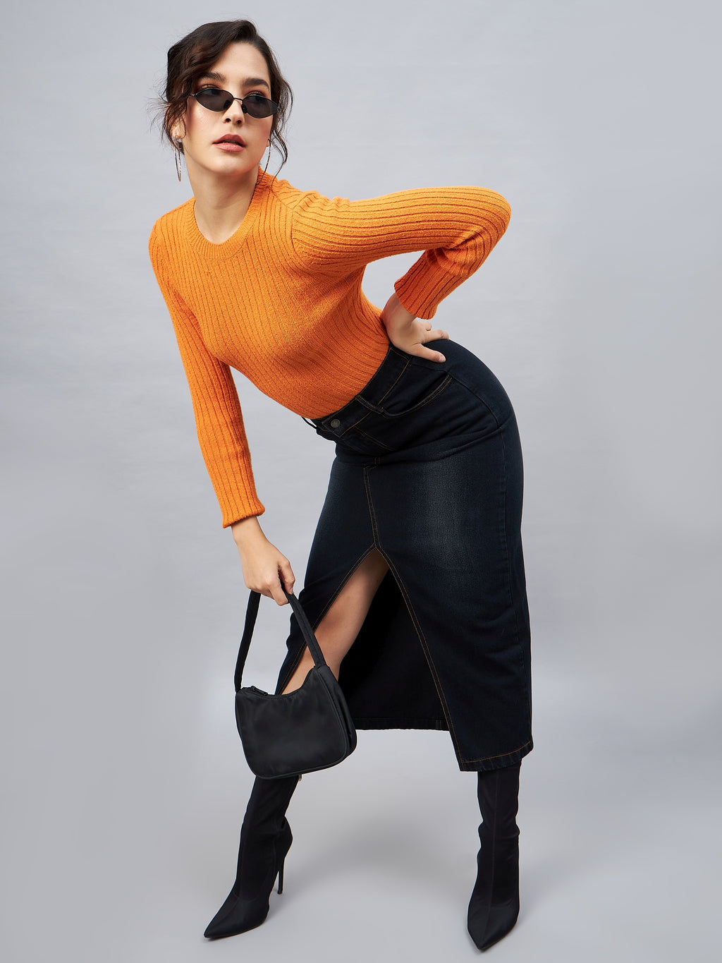 Black Front Slit Denim Straight Skirt