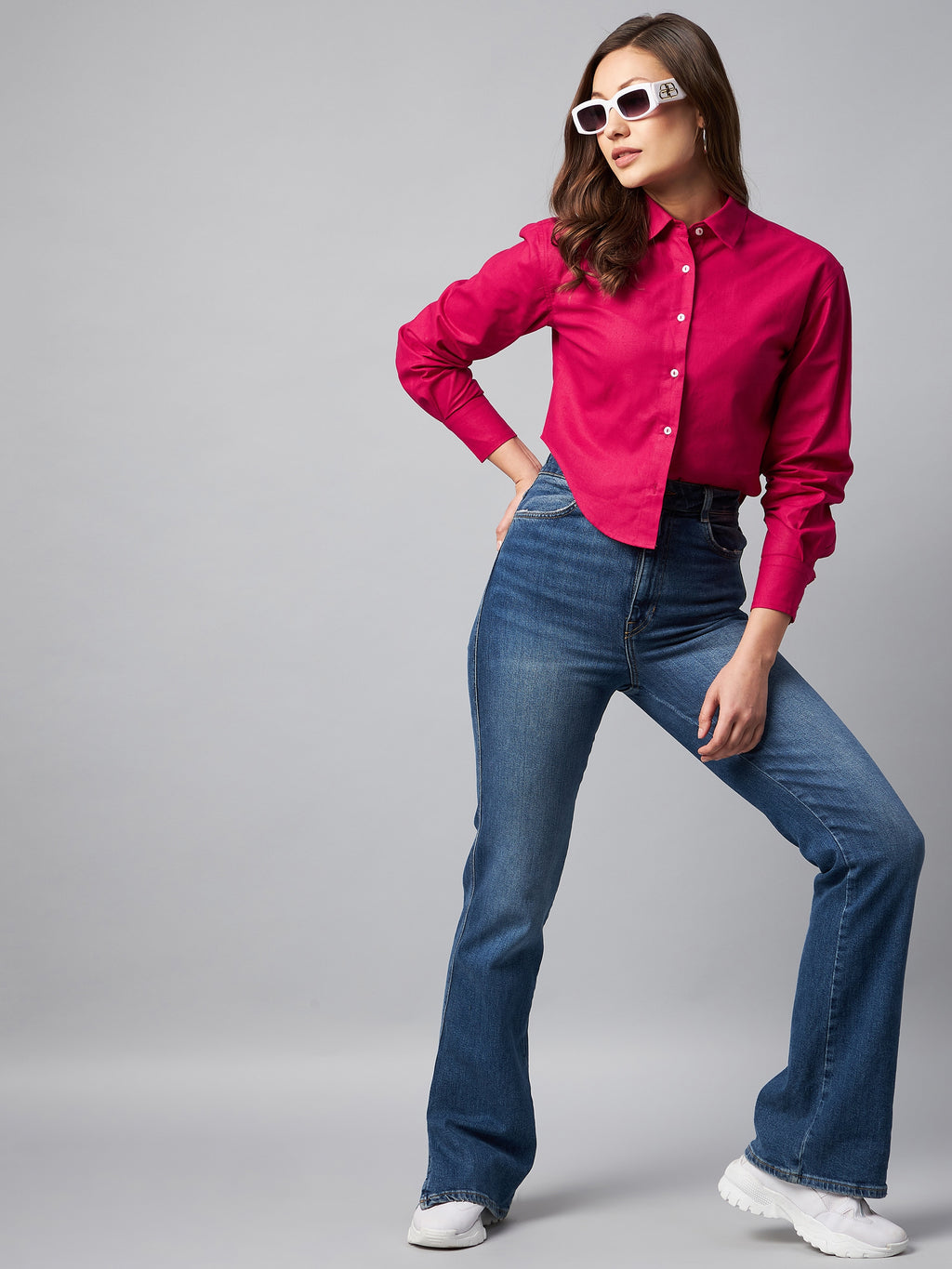 Spread Collar Cotton Crop Casual Shirt
